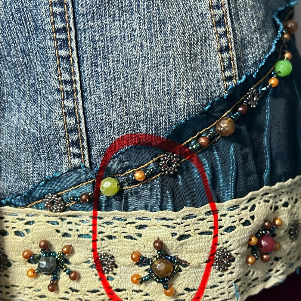 Y2K Cache Embellished Denim Jacket Sz 6 Beaded Lace Glam Boho Fairy Gypsy Boho - Picture 11 of 16